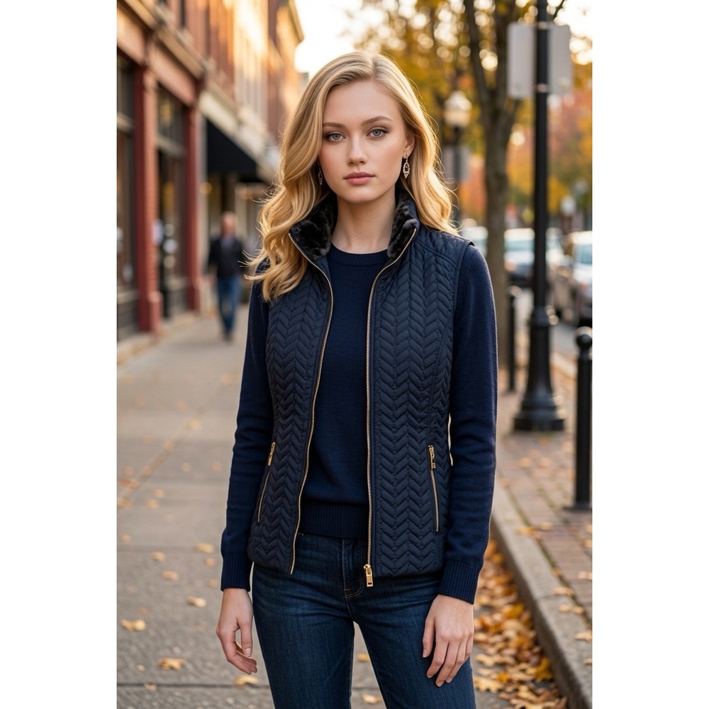 Marc New York Andrew Marc Navy Blue Quilted Chevron Faux Fur Collar Vest Small